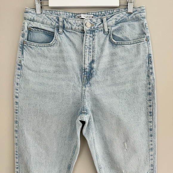 ZARA RIPPED HIGH WAIST STRAIGHT LEG JEANS Light Blue 40 / US 8 - Picture 6 of 15